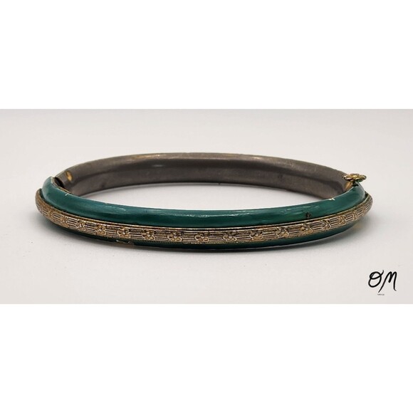 Sandor Jewelry - Sandor Signed Vintage Teal Enamel Hinged Bangle Bracelet